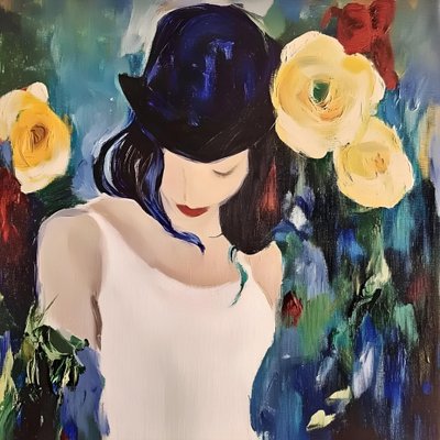 Donna con cappello e rose da Avanesova Elena