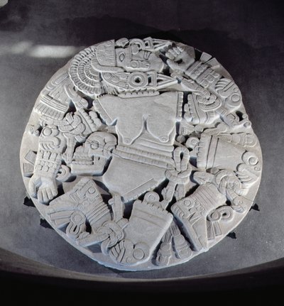 Scultura dello smembramento della dea della luna Coyolxauhqui, trovata ai piedi della piramide gemella a Tenochtitlan, Periodo Postclassico Tardo (1300-1521) da Aztec