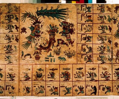 Rappresentazione di divinità azteche e caselle corrispondenti al calendario. Pagina del manoscritto azteco su corteccia "Codice Borbonico", codice indigeno precolombiano del Messico centrale, fine XV secolo. Biblioteca dell