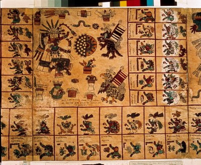 Rappresentazione di divinità azteche e caselle corrispondenti al calendario. Pagina del manoscritto azteco su corteccia "Codice Borbonico", codice indigeno precolombiano del Messico centrale, fine XV secolo. Biblioteca dell