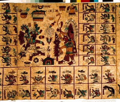 Rappresentazione delle divinità azteche e delle caselle corrispondenti al calendario. Pagina del manoscritto azteco su corteccia "Codex Borbonicus", codice indigeno precolombiano del Messico centrale, fine XV secolo. Biblioteca dell