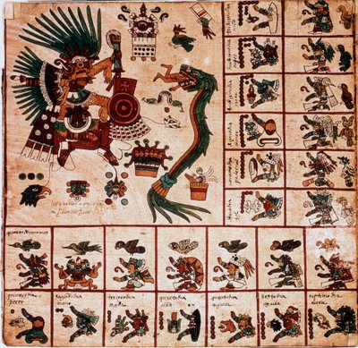 Rappresentazione di Quetzalcoatl e Tezcatlipoca, divinità azteche e caselle corrispondenti al calendario. Pagina del manoscritto azteco su corteccia "Codice Borbonico", codice indigeno precolombiano del Messico centrale, fine XV secolo. Biblioteca dell