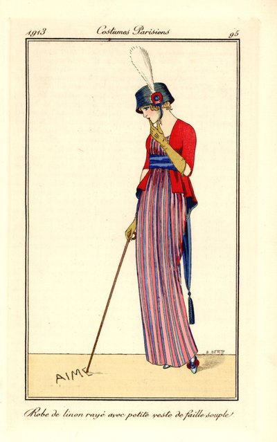 Donna in abito di lino a righe e gilet in seta a coste morbide, cappello con coccarda da B Berty