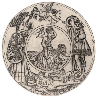 Aristotele e Fillide, circondati da un giovane uomo e una donna con Eros, e una donna nuda reclinata con due bambini, seconda metà del XV secolo da Baccio (circle of) Baldini