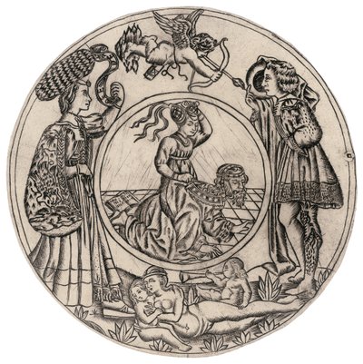 Aristotele e Fillide, circondati da un giovane e una giovane con Eros, e una donna nuda reclinata con due bambini, seconda metà del XV secolo da Baccio Baldini