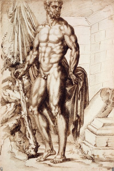 Ercole girato a sinistra, appoggiato alla sua clava, tenendo un drappo, vicino alle rovine di un tempio da Baccio Bandinelli