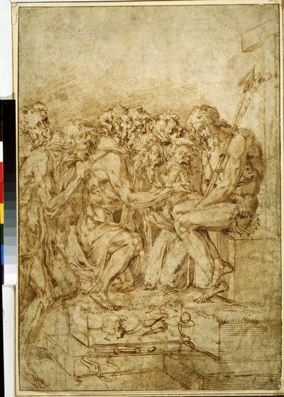 Cristo con i simboli della Passione circondato da sette figure. Disegno a inchiostro marrone di Baccio Bandinelli (1493-1560) XVI secolo Museo Puskin, Mosca da Baccio Bandinelli