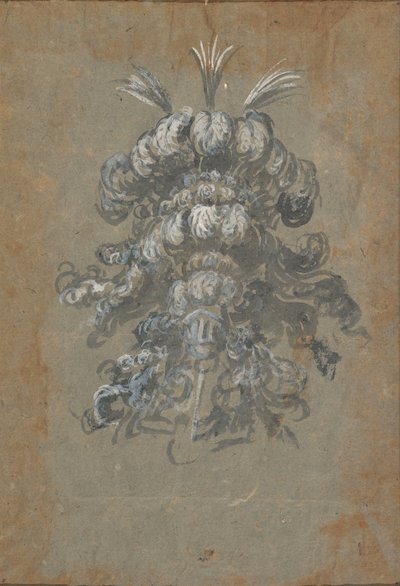 Progetto per un sontuoso copricapo con piume su un elmo vista frontale, ca. 1620-56 da Baccio del Bianco