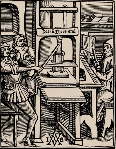 Prelum Ascensianum: dispositivo del tipografo con la pressa da stampa in funzione, 1508 da Badius