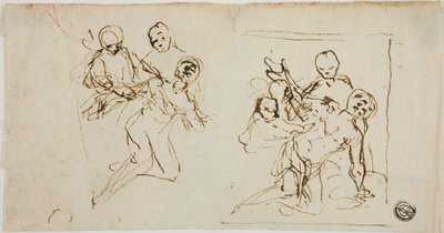Due schizzi compositivi di figura che crolla sostenuta da altre due figure (recto); schizzo compositivo di figura inginocchiata accompagnata da altre due figure da Baldassare Franceschini