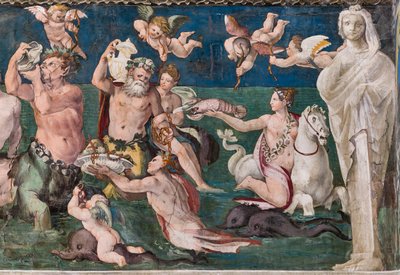 Trionfo di Venere, scena marina con delfini e cupidi da Baldassarre Peruzzi
