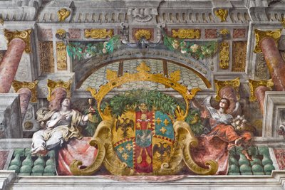 (dettaglio) con cornice e figure allegoriche della decorazione, Chiesa di San Francesco, Sassuolo, Italia da Baldassarre & Monti Giovanni Giacomo (1620 92) Bianchi