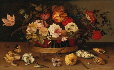 Un cesto di vimini con fiori e conchiglie su un ripiano di pietra da Balthasar van der Ast