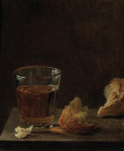 Un bicchiere di birra e un panino su un tavolo da Balthasar Denner