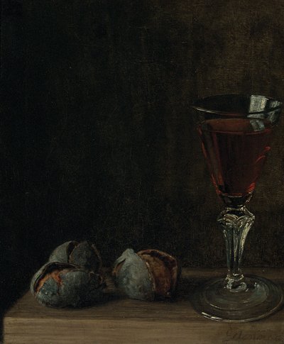 Un bicchiere di vino con noci su un tavolo da Balthasar Denner