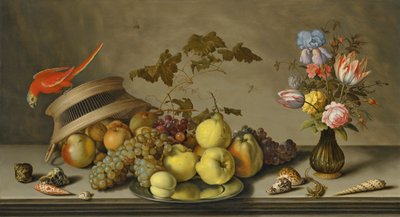 Un pappagallino su un cesto rovesciato, con frutta, un piatto di peltro, un vaso di fiori, insetti, una lucertola e conchiglie su un ripiano di pietra da Balthasar van der Ast