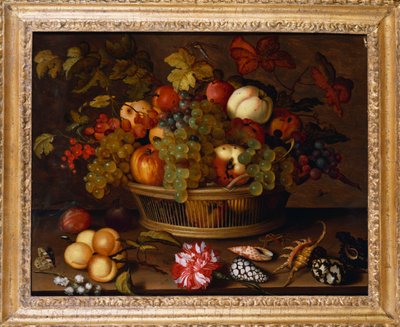 Uva, mele, una pesca e prugne in un cesto con mughetto da Balthasar van der Ast