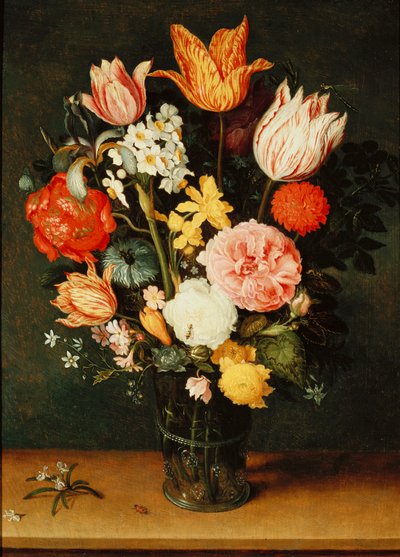 Tulipani, rose e altri fiori in un vaso di vetro da Balthasar van der Ast