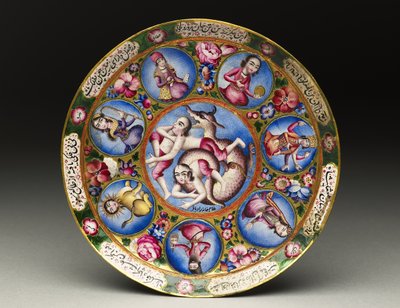 Ciotola con coperchio, piattino e cucchiaio con decorazione astrologica, inizio XIX secolo da Baqir