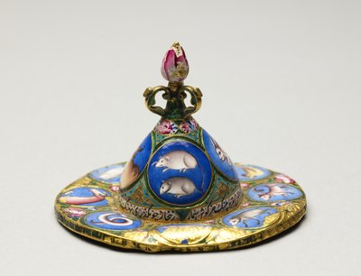 Ciotola con coperchio, piattino e cucchiaio con decorazione astrologica, inizio XIX secolo da Baqir
