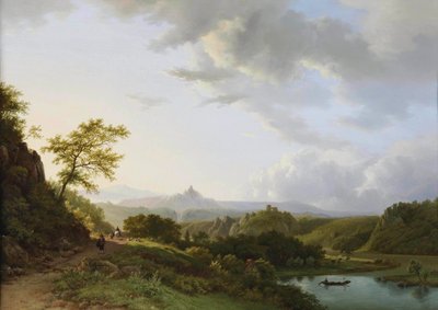 Paesaggio panoramico estivo con viaggiatori e rovine di un castello in lontananza da Barend Cornelis Koekkoek