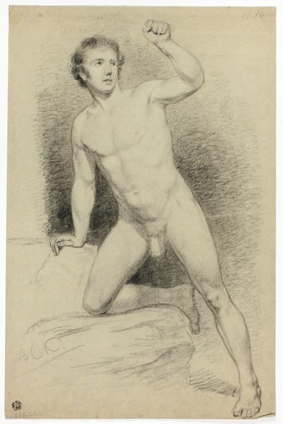 Nudo maschile accademico appoggiato alla piattaforma da Barend Cornelis Koekkoek