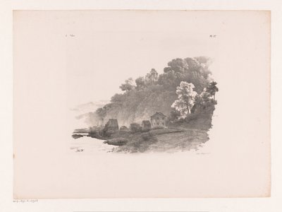 Paesaggio collinare con fiume, strada di campagna e case da Barend Cornelis Koekkoek