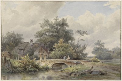 Paesaggio con ponte di pietra vicino a una casa da Barend Cornelis Koekkoek