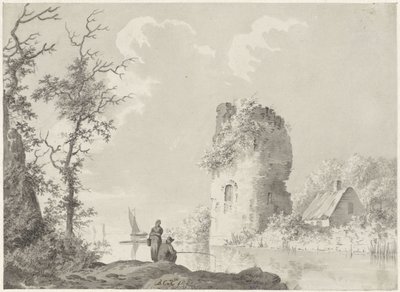 Paesaggio fluviale con torre e pescatore da Barend Cornelis Koekkoek