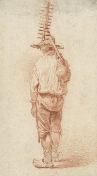 Contadino in piedi con rastrello e brocca sulla spalla, visto di spalle da Barend Cornelis Koekkoek