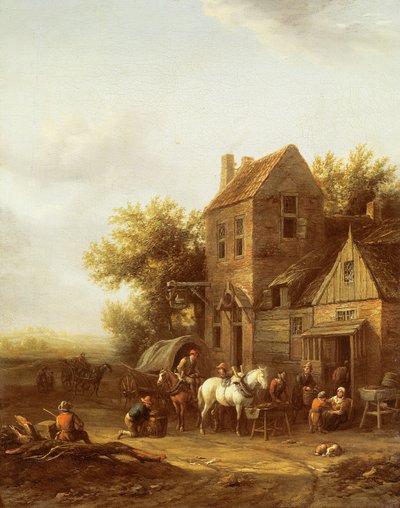 Viaggiatori che abbeverano i loro cavalli fuori da una locanda da Barend Gael or Gaal