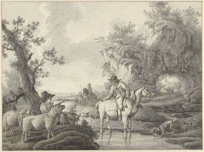 Paesaggio con un pastore e un cavaliere presso uno stagno da Barend Hendrik Thier