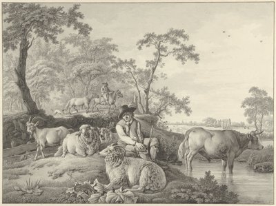 Pastore con pecore, una capra e un giovane toro in un paesaggio da Barend Hendrik Thier