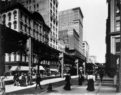 Binari sopraelevati su Wabash Avenue, Chicago, Illinois, USA da Barnes and Crosby