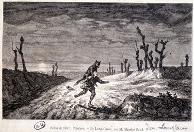 Lupo mannaro che attacca un uomo - da dipinto di Maurice Sand esposto al Salon del 1857 da Baron Dudevant Jean Francois Maurice (after) Sand