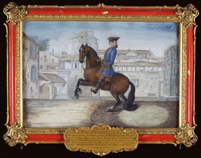 No. 35 Un cavallo baio della Scuola di Equitazione Spagnola che esegue un movimento di dressage in Piazza San Marco, Firenze da Baron Reis Eisenberg