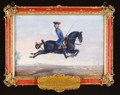 No. 50 Un cavallo nero chiamato Curioso eseguendo un movimento di dressage chiamato Capriole da Baron Reis Eisenberg