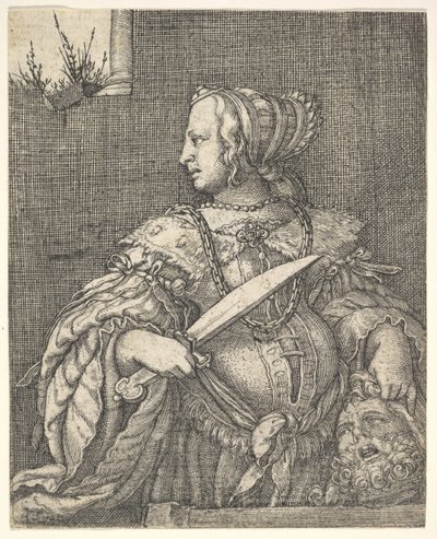 Giuditta, mezzo busto e di profilo a sinistra, una spada nella mano destra e la testa di Oloferne da Barthel Beham