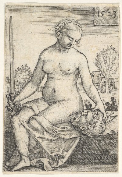 Giuditta, nuda seduta con una spada nella mano destra, che guarda la testa di Oloferne da Barthel Beham