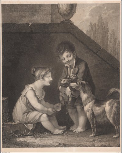 Due bambini con cani da Barthélémy Joseph Fulcran Roger