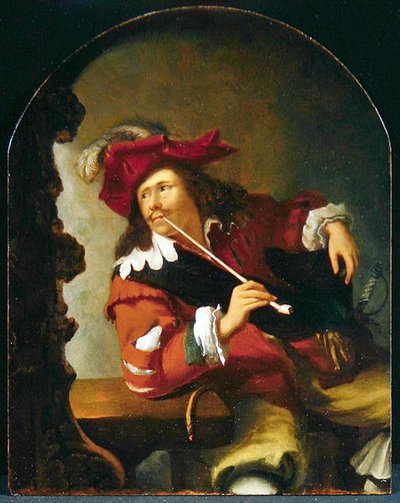 Un giovane seduto a un tavolo che fuma una pipa mentre guarda in uno specchio da Bartholomaus Maton