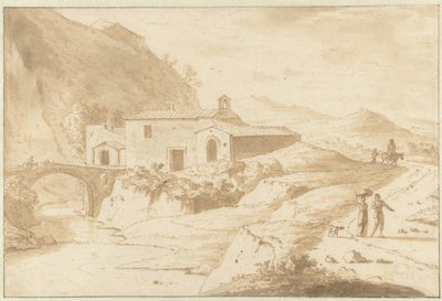 Paesaggio collinare con una cappella vicino a un ponte da Bartholomeus Appelman