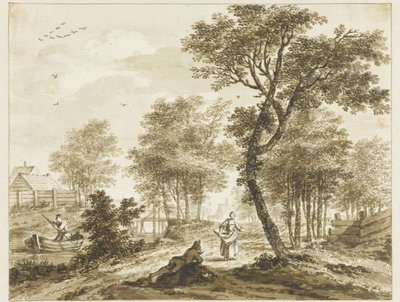 Paesaggio con figure e a sinistra un uomo in una barca da Bartholomeus Barbiers