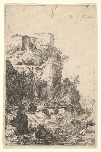Cascate vicino a Ponte della Trave, con edifici su uno sperone roccioso sopra, dalla serie, 1639 da Bartholomeus Breenbergh