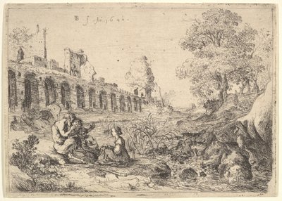 Corsica seduta davanti a satiri sulla riva di un fiume, da una coppia di piatti per Battista Gu..., 1640 da Bartholomeus Breenbergh