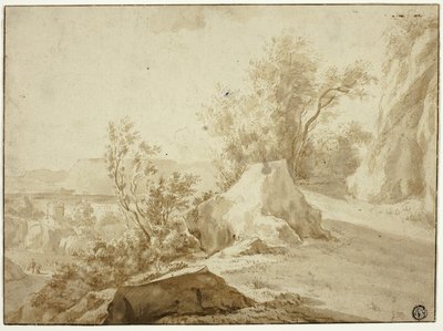 Rocce e sentiero di montagna, figure e città in basso da Bartholomeus Breenbergh