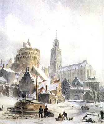 Bambini che giocano su un fiume ghiacciato, con la cattedrale di Deventer sullo sfondo da Bartholomeus Johannes van Hove