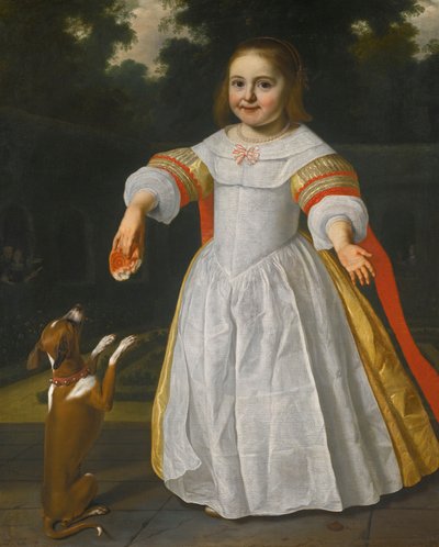 Ritratto di una ragazza con un panino e un cane da Bartholomeus van der Helst