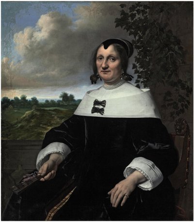 Ritratto di una signora, probabilmente Hester du Pire, seduta davanti a una balaustra, con in mano un ventaglio e con vista sul mare da Bartholomeus van der Helst
