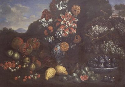 Fiori in una brocca di maiolica con frutta in un paesaggio da Bartolomeo Bimbi